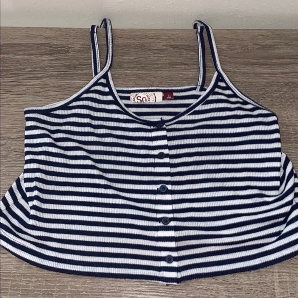 SO crop navy blue and white striped crop top.